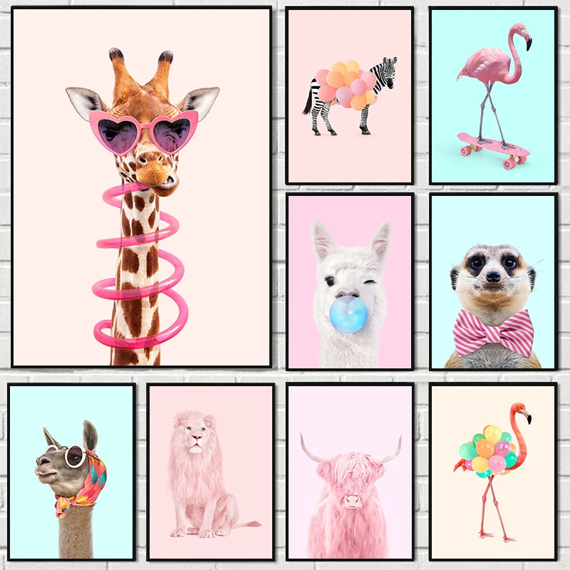 Watercolor Poster Print - Funny Fashion Giraffe Zebra Flamingo Party
