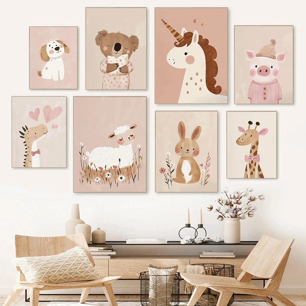 Watercolor Poster Print - Nordic Pink Cute Cartoon Animal Fox