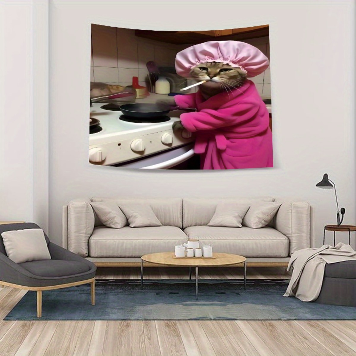 Home Decor Minimalist Style - Cat Chef Pink Robe Wall Tapestry
