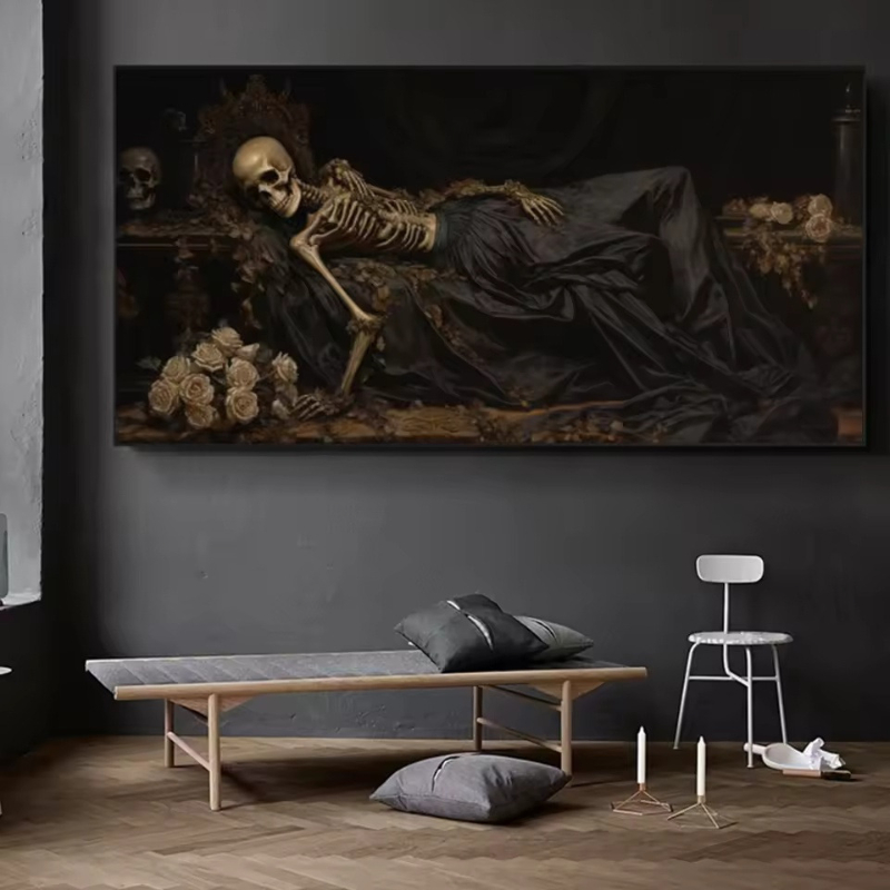 Home Decor Gothic - Gothic Dark Art Sleeping Skeleton Canvas