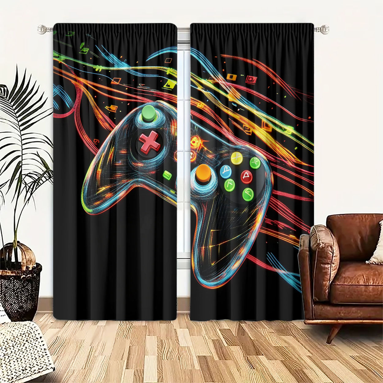 Home Decor Youtube Videos - Neon Gaming Controller Curtain 2pcs Pair
